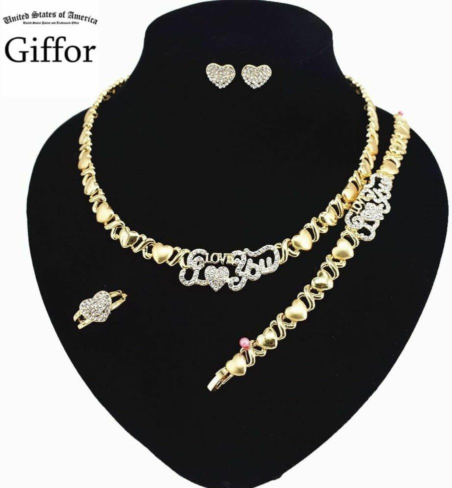 Giffor Giffor Collection 14K Gold Filled Love Necklaces Jewelry Set For Bridesmaid Wedding Jewelry Women Earrings Bracelet Rings Gifts 4Pcs/Pack Jewelry Sets