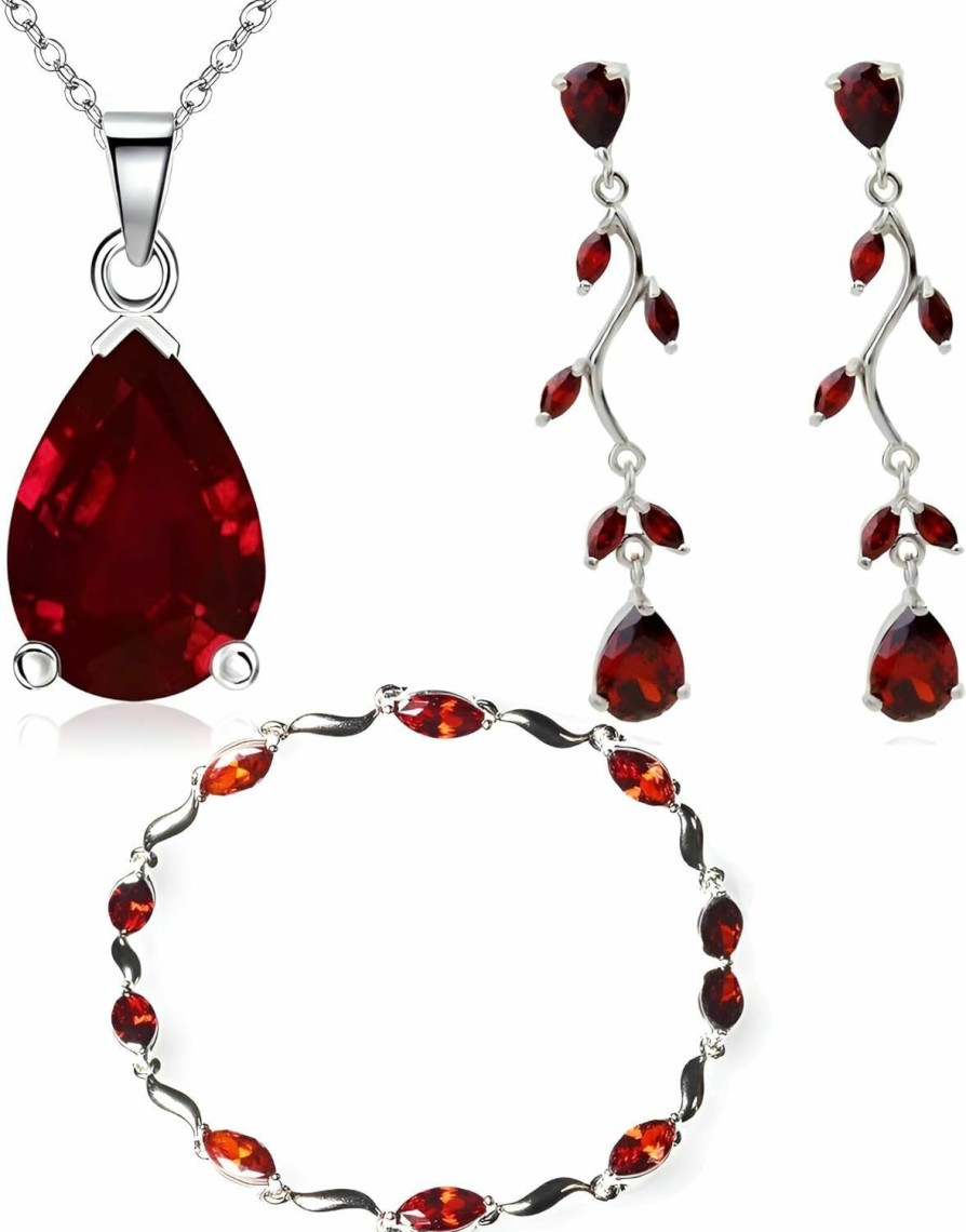 Crystalline Azuria Crystalline Azuria Teardrops Set With Red Zirconia Crystals Necklace 18 Inches Dangle Earrings Bracelet 18K White Gold Plated Jewelry Sets