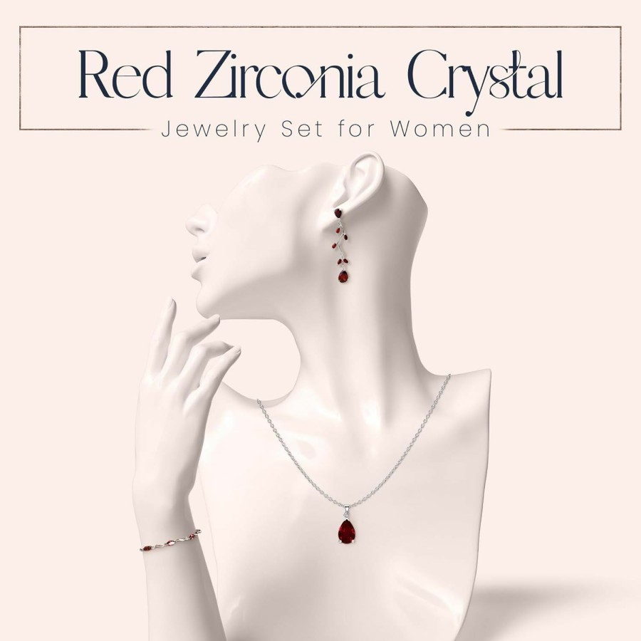 Crystalline Azuria Crystalline Azuria Teardrops Set With Red Zirconia Crystals Necklace 18 Inches Dangle Earrings Bracelet 18K White Gold Plated Jewelry Sets