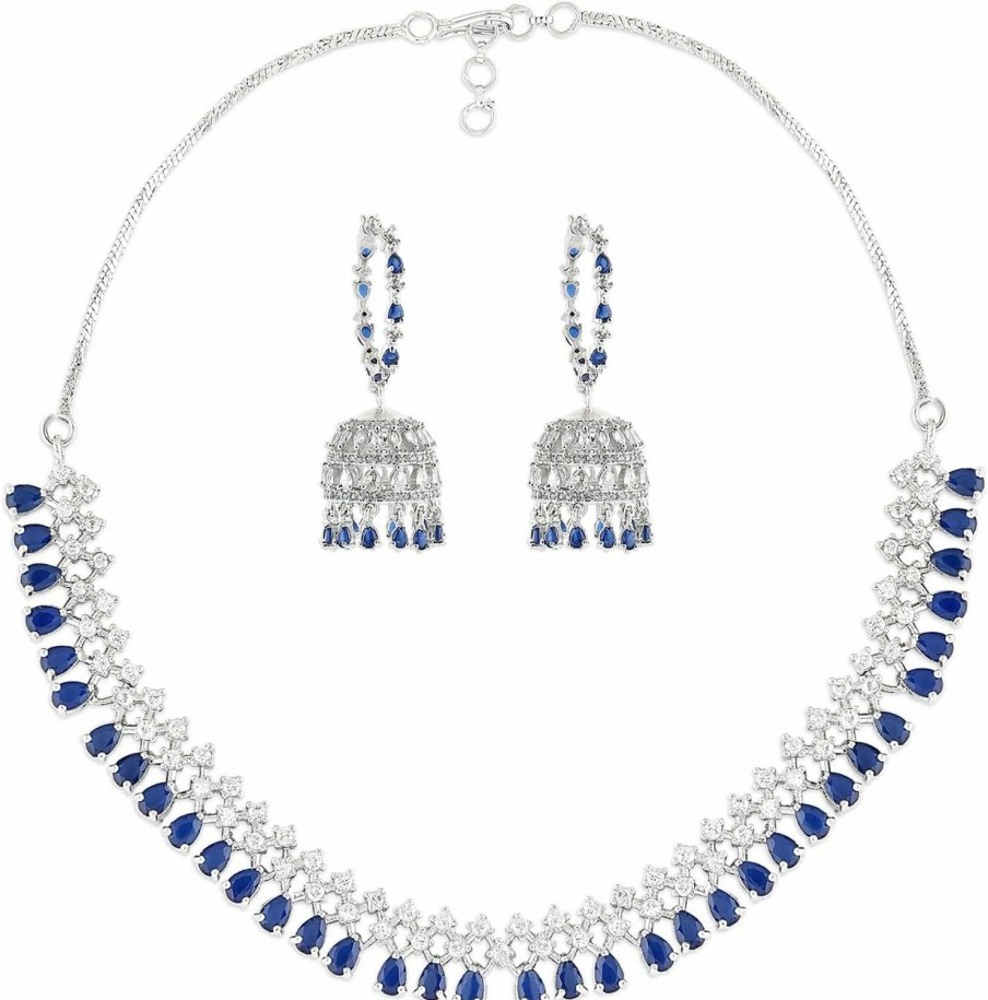 AMLY MJ JEWELLERY Amly Mj Jewellery Silver-Plated Blue & White Cubic Zirconia Necklace With Dangler Earrings & Tikka, American Diamond Stylish Jewelry Set For Women & Girls, Perfect For Wedding & Engagement, 23045 Jewelry Sets