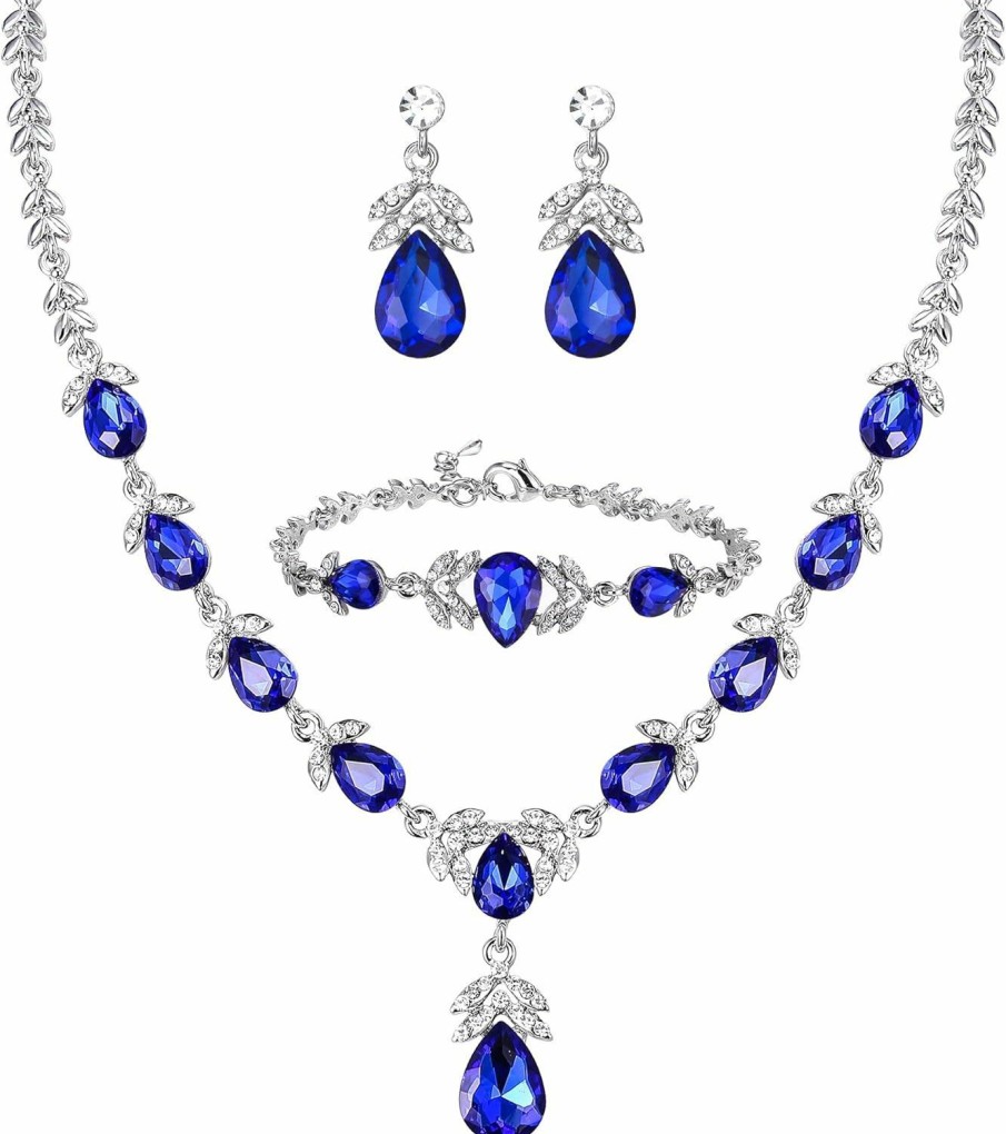 Crysdue Crysdue Elegance Leaf Wedding Jewelry Set For Bridal Bridemaid, Austrian Crystal Teardrop Necklace Dangle Earrings For Wedding Prom Party Jewelry Sets