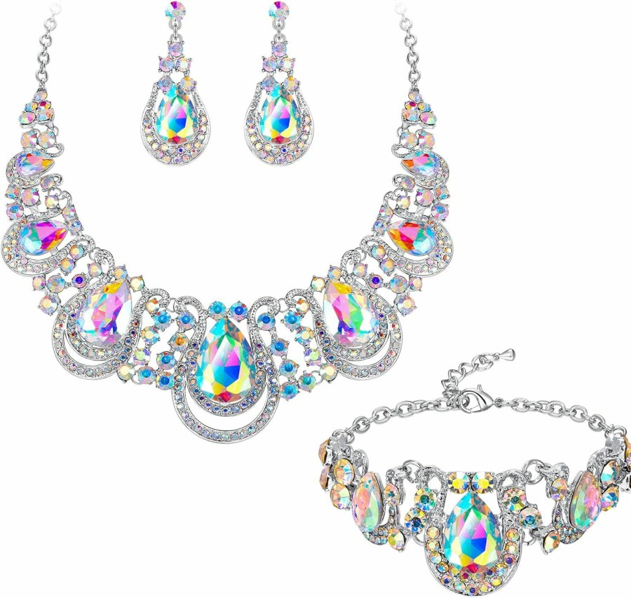 BriLove Brilove Women'S Teardrop Crystal Statement Necklace Cluster Hollow Dangle Earrings Chain Bracelet Bib Jewellery Set For Wedding Bride Bridesmaid Jewelry Sets