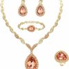 BriLove Brilove Womens Africa 18K Gold Plated Jewelry Set Crystal Rhinestones Petals Teardrop Cluster Bib Statement Necklace Link Bracelet Dangle Earrings Ring For Prom Jewelry Sets