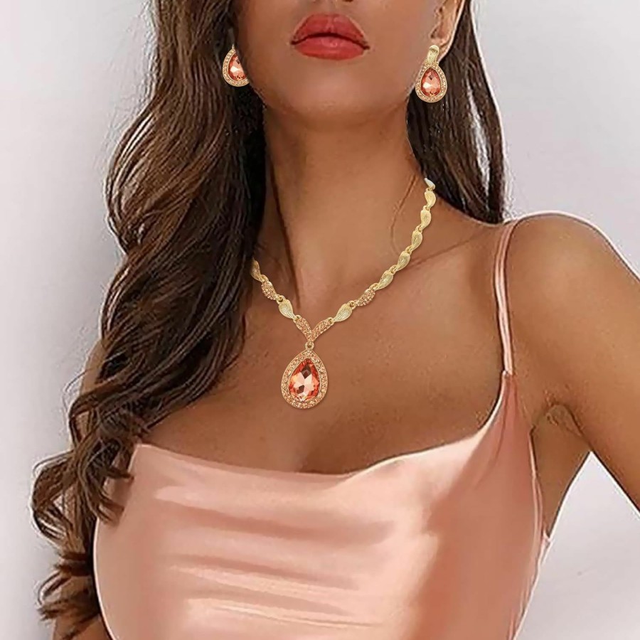 BriLove Brilove Womens Africa 18K Gold Plated Jewelry Set Crystal Rhinestones Petals Teardrop Cluster Bib Statement Necklace Link Bracelet Dangle Earrings Ring For Prom Jewelry Sets