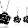 AILUOR Ailuor Black Rose Camellia Flower Jewelry Sets, Fashion Wedding Bridal Crystal Flower Pendant Statement Necklace Hook Earrings Set For Women Jewelry Sets