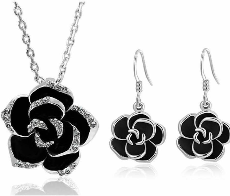 AILUOR Ailuor Black Rose Camellia Flower Jewelry Sets, Fashion Wedding Bridal Crystal Flower Pendant Statement Necklace Hook Earrings Set For Women Jewelry Sets