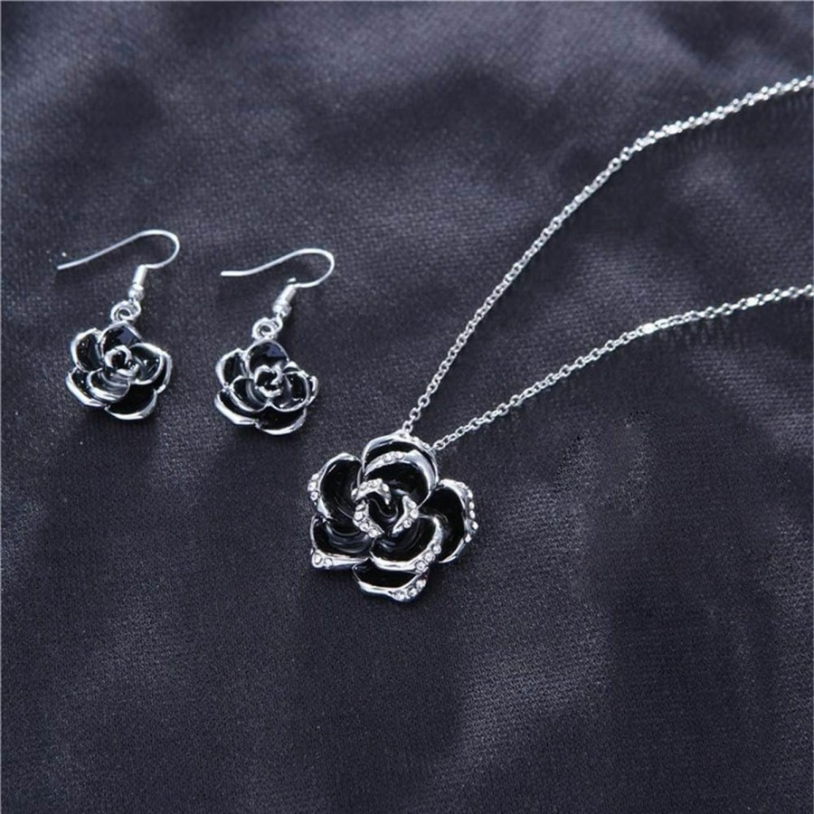 AILUOR Ailuor Black Rose Camellia Flower Jewelry Sets, Fashion Wedding Bridal Crystal Flower Pendant Statement Necklace Hook Earrings Set For Women Jewelry Sets