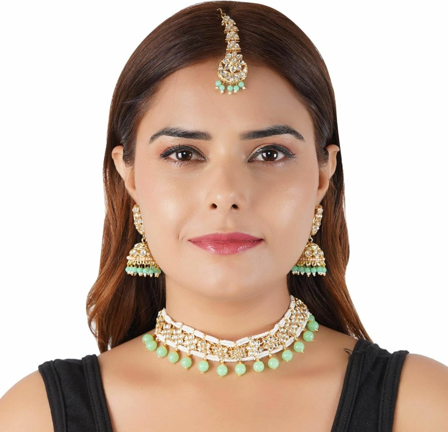 Jwellmart Jwellmart Gold Plated Faux Kundan Pearl Bridal Wedding Choker Necklace Earrings Tika Combo Set Bollywood Party Traditional Fashion Indian Jewelry Jewellery Set For Women Jewelry Sets