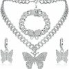 Junkin Junkin 3 Pieces Butterfly Necklaces For Women Butterfly Jewelry Set Butterfly Pendant Necklace Rhinestone Link Necklace Bling Charm Butterfly Hoop Earrings For Women Girl (Rhinestone Chain) Jewelry Sets