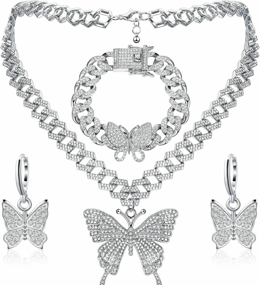 Junkin Junkin 3 Pieces Butterfly Necklaces For Women Butterfly Jewelry Set Butterfly Pendant Necklace Rhinestone Link Necklace Bling Charm Butterfly Hoop Earrings For Women Girl (Rhinestone Chain) Jewelry Sets