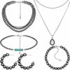 Kigeli Kigeli 5 Pcs Navajo Pearl Jewelry Set Navajo Pearl Necklace Earring And Bracelets Vintage Multilayer Pearl Necklace Western Style Choker Silver Drop Pendant Necklace For Women Accessories Jewelry Sets