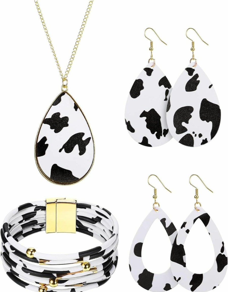 Sureio Sureio 4 Pcs Cow Print Jewelry Set Cow Print Accessories For Women Cow Print Earrings Pendant Necklace Black And White Multi Layer Bracelet Jewelry Sets