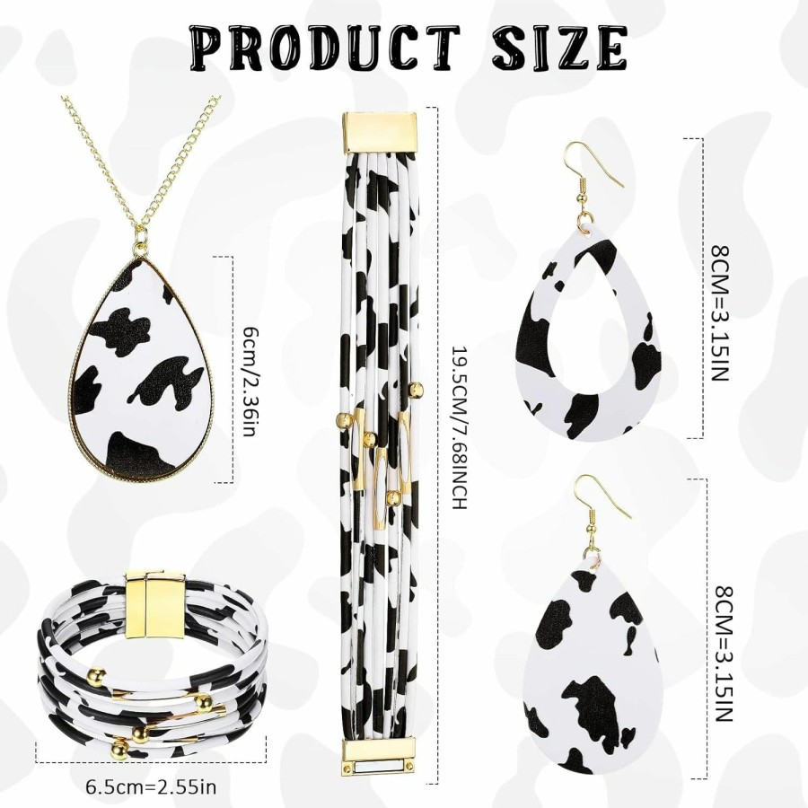 Sureio Sureio 4 Pcs Cow Print Jewelry Set Cow Print Accessories For Women Cow Print Earrings Pendant Necklace Black And White Multi Layer Bracelet Jewelry Sets