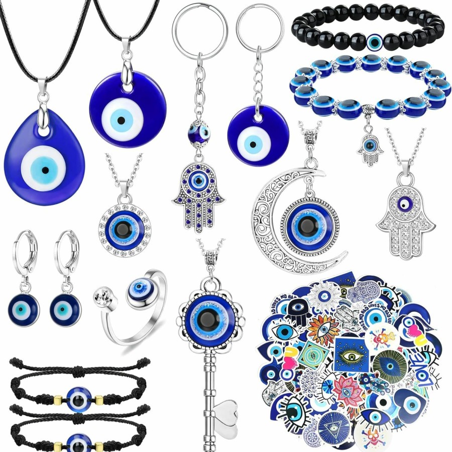 YADOCA Yadoca 12/15Pcs Evil Eye Necklace For Women Men Bracelets Earring Ring Keychain Hamsa Hand Pendant Turkish Protection Jewelry Set With 50Pcs Evil Eye Stickers Jewelry Sets