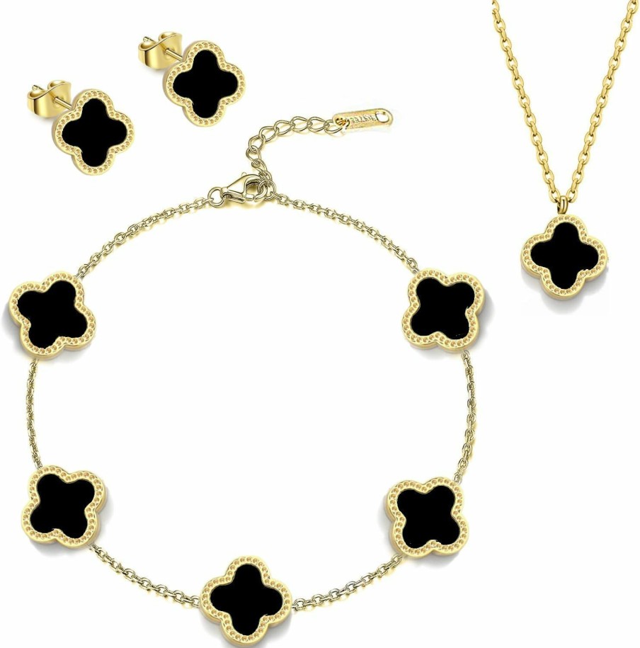 LaBling Labling Clover Necklace Pendant Earring Bracelet Set | Clover Necklaces For Women With Pendant Earring Bracelet Make A Jewelry Set | Black Jewelry Sets