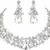 BriLove Brilove Women'S Wedding Bridal Crystal Cluster Leaf Vine Teardrop Statement Necklace Dangle Earrings Set Jewelry Sets