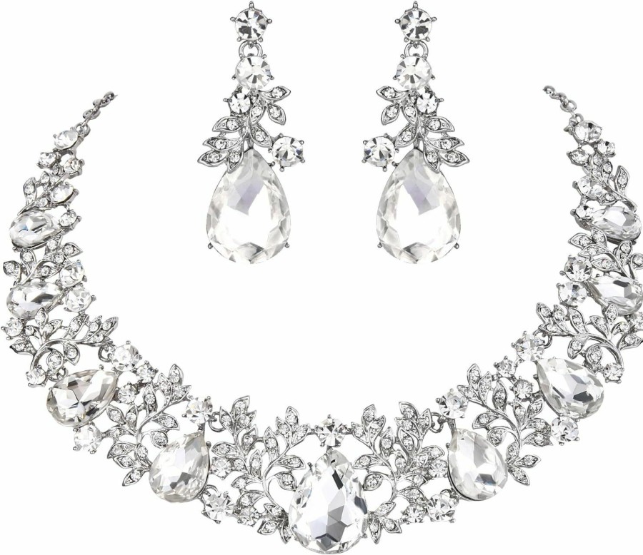 BriLove Brilove Women'S Wedding Bridal Crystal Cluster Leaf Vine Teardrop Statement Necklace Dangle Earrings Set Jewelry Sets