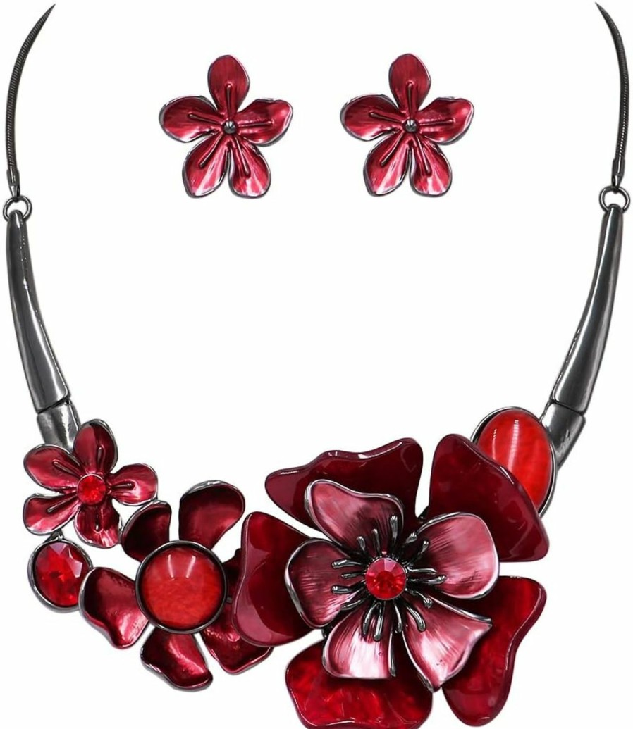 Rosemarie & Jubalee Rosemarie & Jubalee Women'S Stunning Enamel And Lucite 3D Flower Collar Necklace And Earrings Jewelry Gift Set, 14\"+3.5\" Extension Jewelry Sets