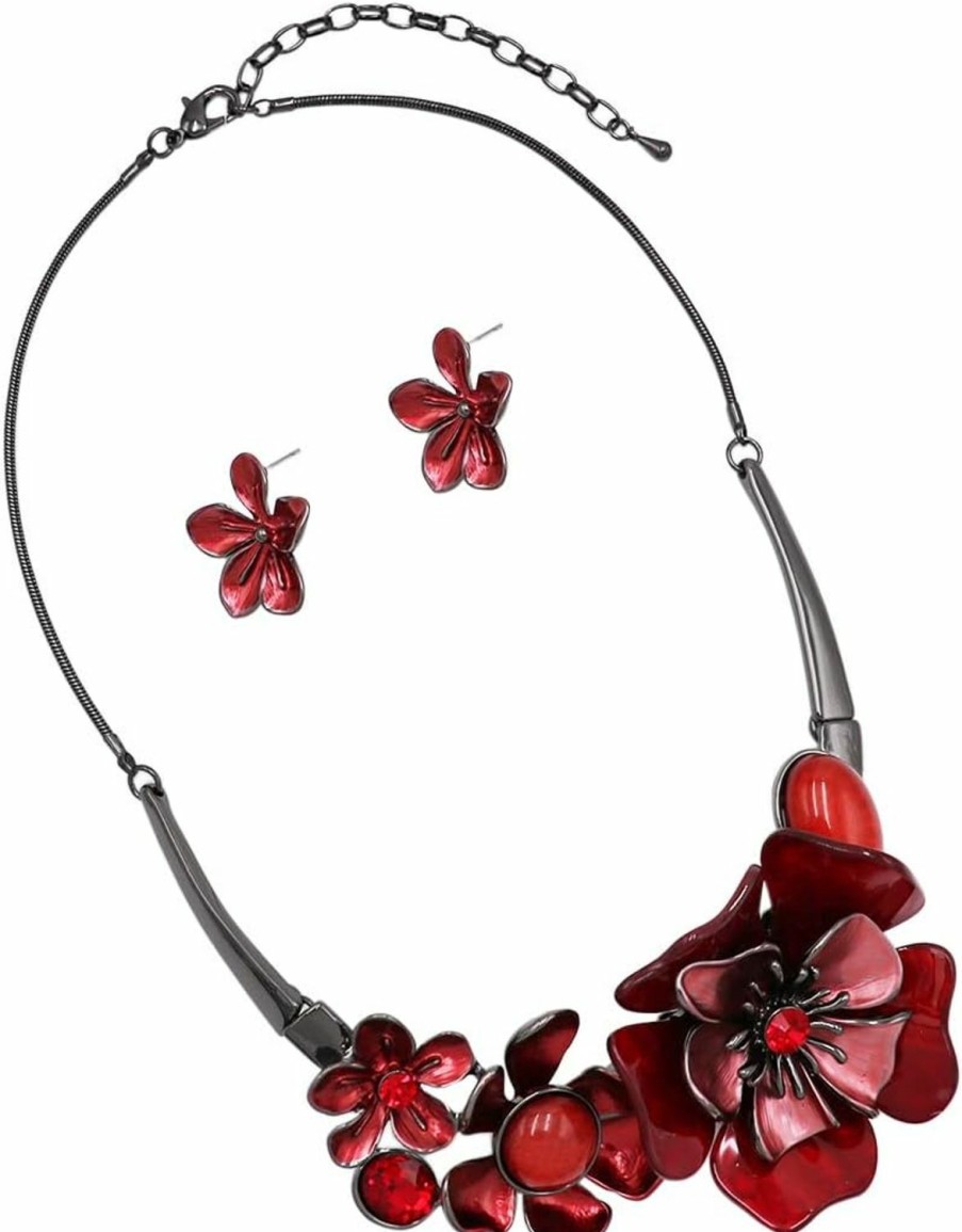 Rosemarie & Jubalee Rosemarie & Jubalee Women'S Stunning Enamel And Lucite 3D Flower Collar Necklace And Earrings Jewelry Gift Set, 14\"+3.5\" Extension Jewelry Sets