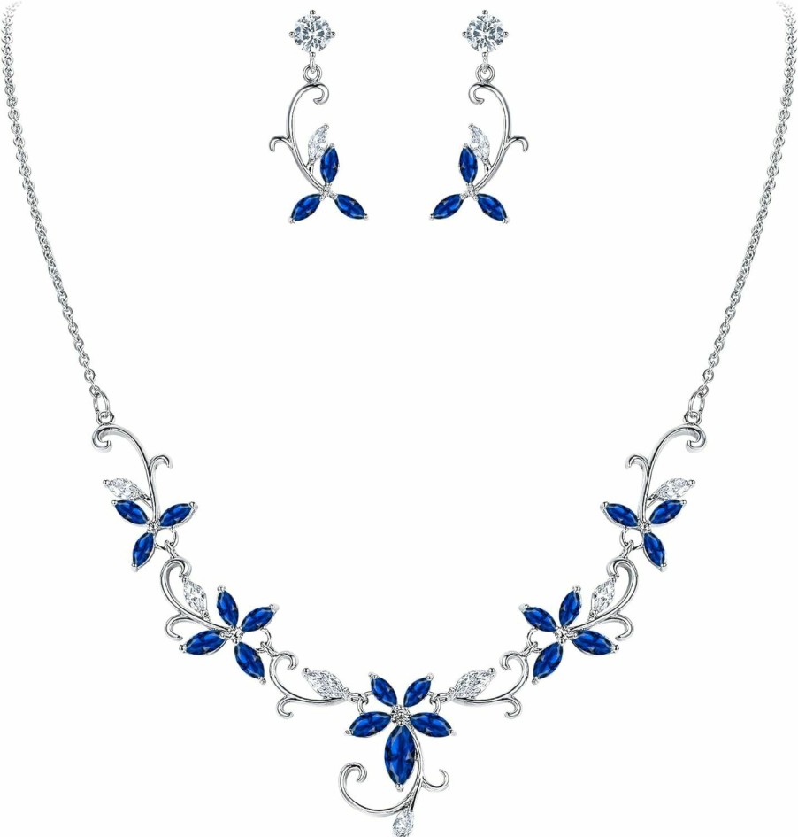 Crysdue Crysdue Flower Leaf Wedding Jewelry Set For Bridal Bridemaid, Cubic Zirconia Teardrop Elegant Vine Necklace Dangle Earrings For Wedding Prom Party Jewelry Sets