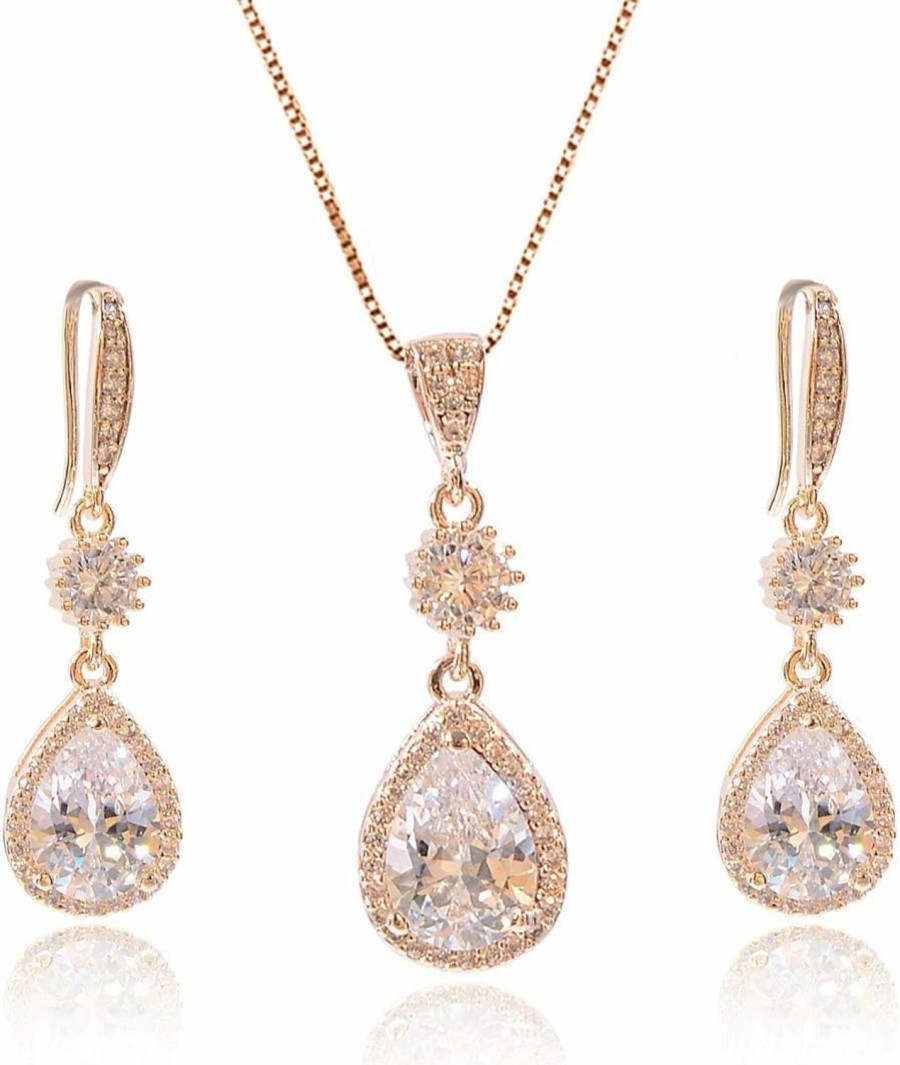 AMYJANE Amyjane Elegant Jewelry Set For Women - Silver Teardrop Clear Cubic Zirconia Crystal Rhinestone Drop Earrings And Necklace Bridal Jewelry Sets Best Gift For Bridesmaids Jewelry Sets