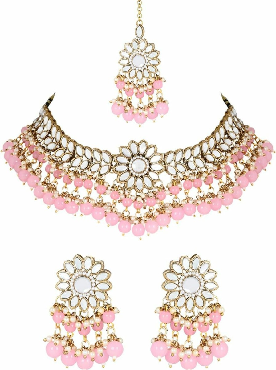 I Jewels I Jewels Gold Plated Indian Wedding Bollywood Kundan & Pearl Choker Necklace Earring & Maang Tikka Ethnic Jewellery Set Gift For Women & Girls(K7232-1) Jewelry Sets