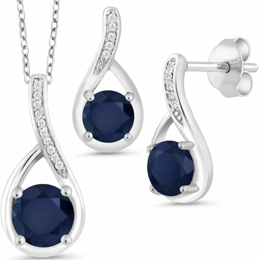 Gem Stone King Gem Stone King 925 Sterling Silver Round Blue Sapphire And White Diamonds Pendant And Earrings Jewelry Set For Women (2.34 Cttw, Gemstone Birthstone, With 18 Inch Silver Chain) Jewelry Sets