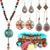 Kigeli Kigeli Bohemian Vintage Dangle Jewelry Set Boho Retro Rhinestone Drop Earrings Multi-Layer Beaded Leather Bracelet And Turquoise Bead Necklace Jewelry For Women Girls Jewelry Sets