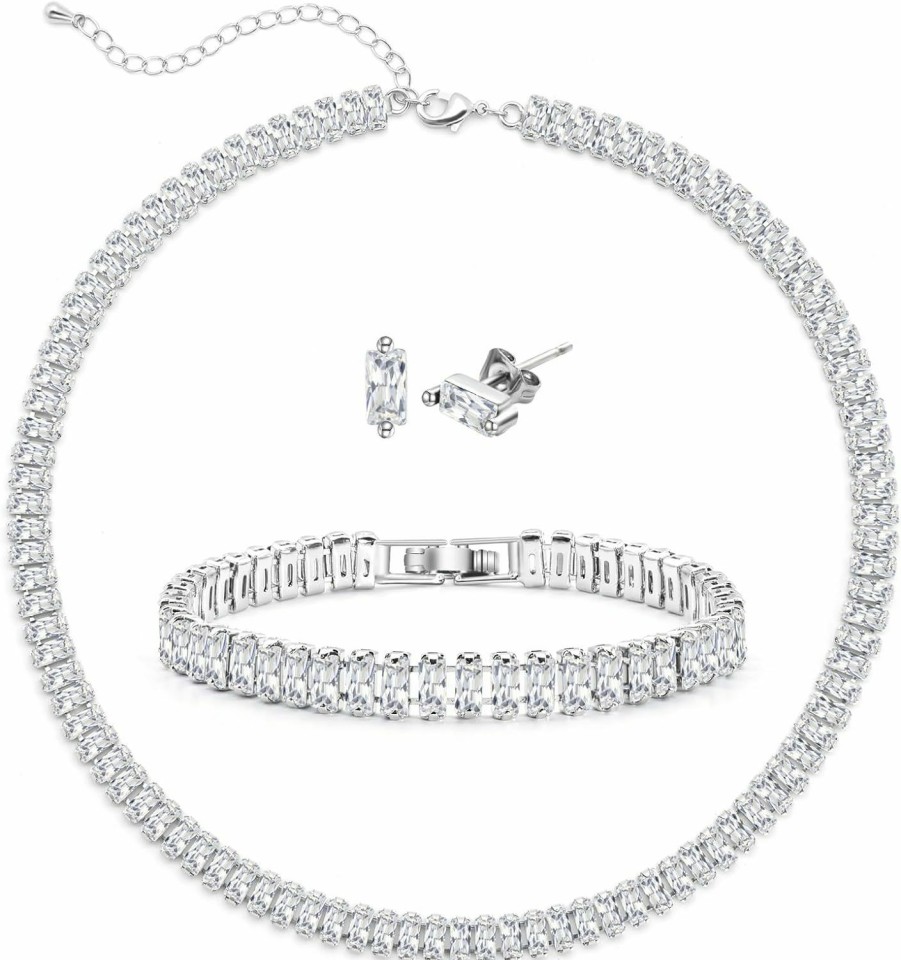 PORYIMEE Porimee Silver Jewelry Set For Women Tennis Necklace Bracelet Earrings Sparkling Multi-Color Cubic Zirconia Baguette Birthday Anniversary Graduation Wedding Jewelry Gifts For Mom/Wife/Girls/Friend Jewelry Sets