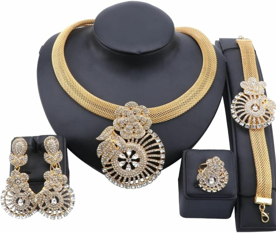 Generic Luxury Nigerian Dubai Jewelry Sets For Women Wedding Bridal Gold Crystal Necklace Earrings Bracelet Ring Jewelry Sets Jewelry Sets