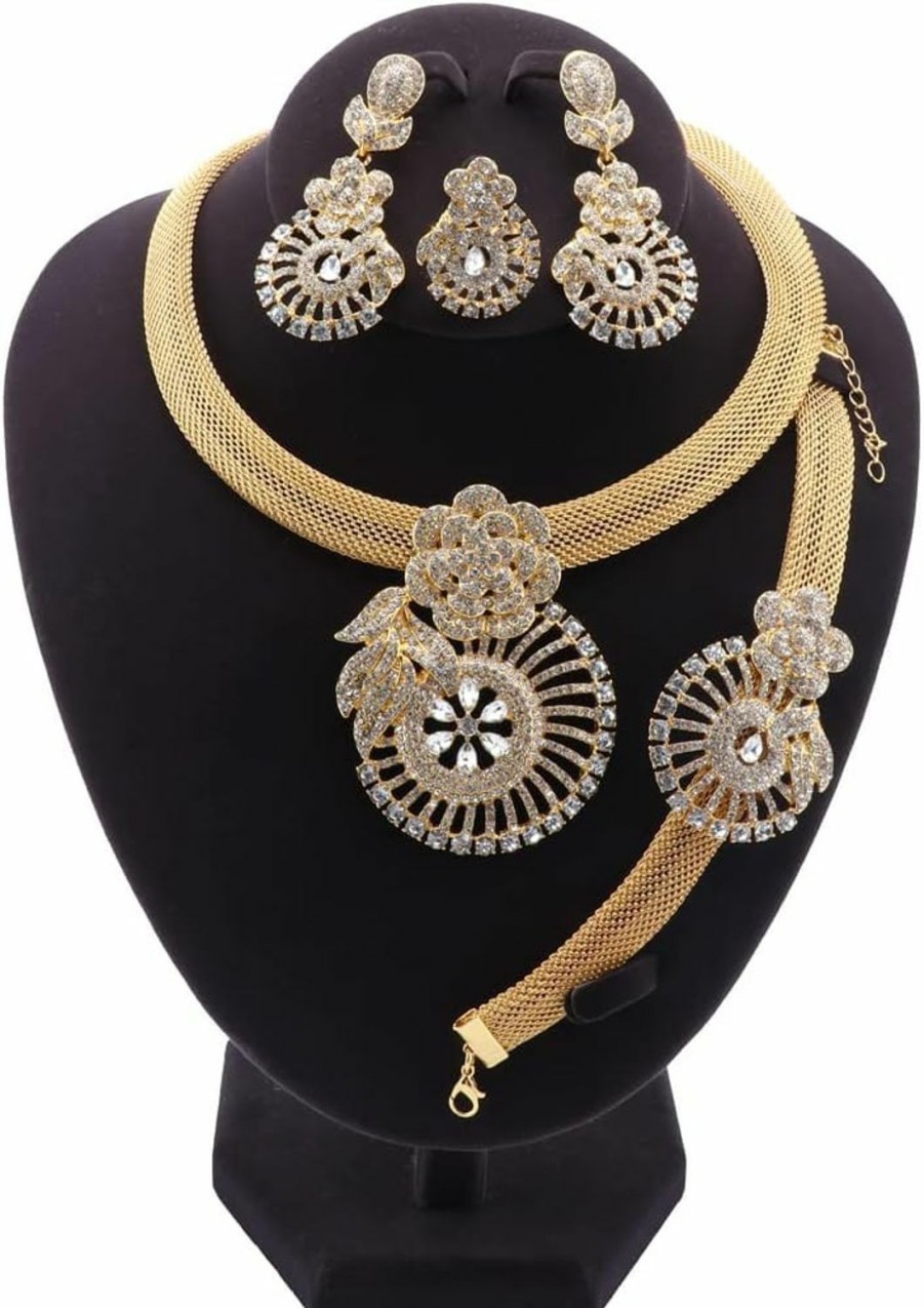 Generic Luxury Nigerian Dubai Jewelry Sets For Women Wedding Bridal Gold Crystal Necklace Earrings Bracelet Ring Jewelry Sets Jewelry Sets