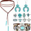 JeryWe Jerywe 11 Pieces Western Jewelry For Women Bohemian Turquoise Jewelry Set, Western Turquoise Pendant Necklace, Vintage Turquoise Dangle Earrings, Turquoise Faux Leather Layered Bracelets, Oval Turquoise Finger Rings For Women And Girls Jewelry Sets