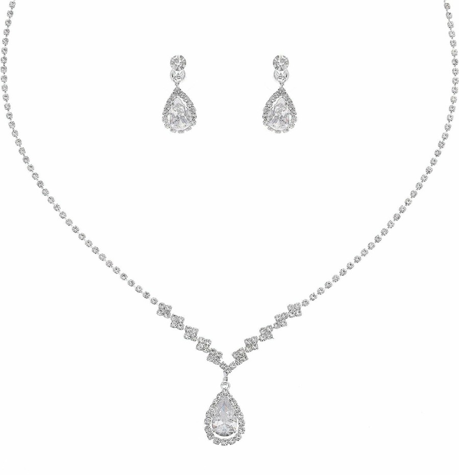 Fairyu Fairyu Women'S Wedding Crystal Teardrop Pendant Necklace Earrings Dangle Set Silver Plated Rhinestone Bridal Necklaces Earrings Drop Bridal Jewelry For Party Prom Pageant Jewelry Sets