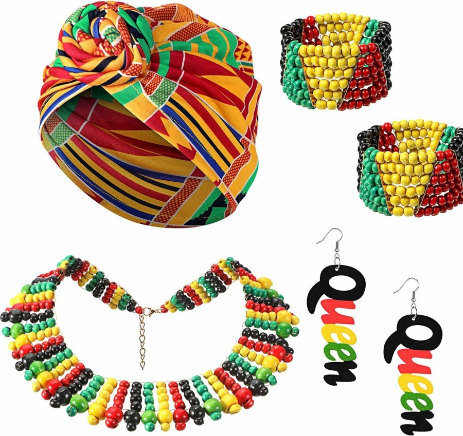 Yinkin Yinkin 5 Pcs Multicolor Beaded Jamaican Bracelet Headwraps Set African Women'S Beaded Jewelry Set Stretch Headband For Women Jewelry Sets