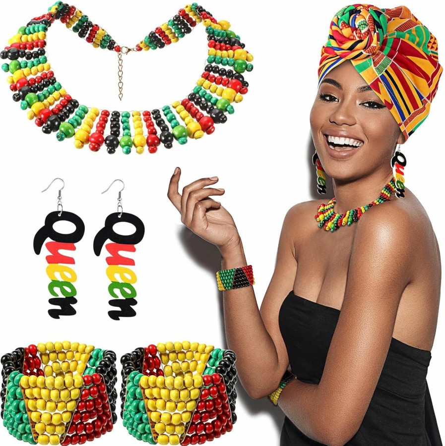 Yinkin Yinkin 5 Pcs Multicolor Beaded Jamaican Bracelet Headwraps Set African Women'S Beaded Jewelry Set Stretch Headband For Women Jewelry Sets