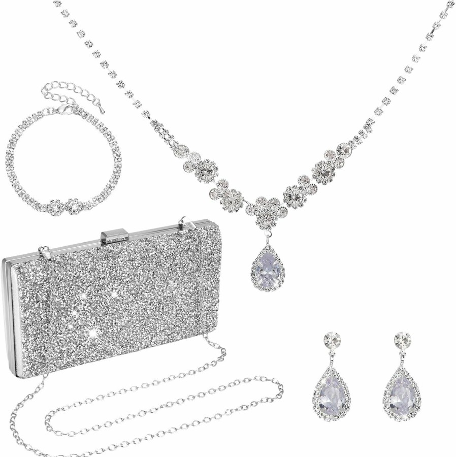 Fuyamp Fuyamp 4 Pcs Silver Jewelry Set For Women Evening Rhinestone Jewelry Set Bling Necklace Earrings Bracelets Set For Wedding Jewelry Sets