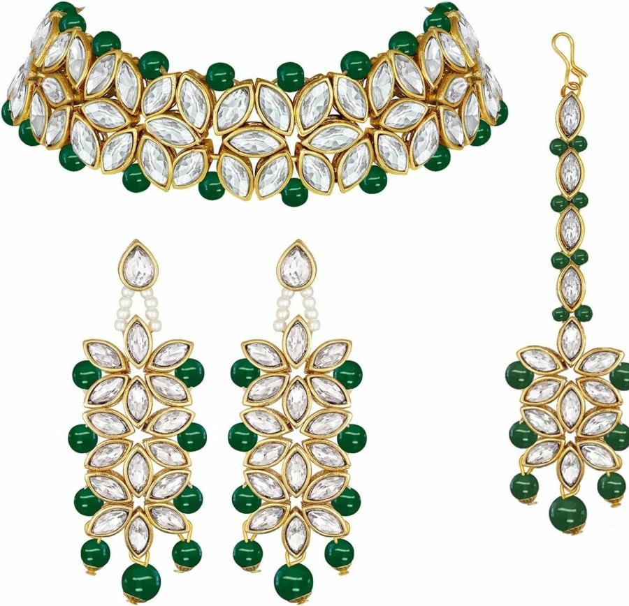 Aheli Aheli Faux Kundan Pearl Bridal Choker Necklace Indian Traditional Bollywood Jewelry Set With Earring Maang Tikka For Women Girls Jewelry Sets