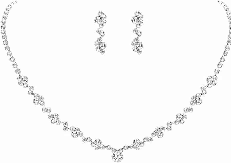 Hmooy Hmooy Silver Crystal Bridal Earrings And Necklace Set, Crystal Necklace Earrings Set Prom Jewelry Sets Crystal Necklace Wedding Jewelry Sets For Bridal Women Girls Jewelry Sets