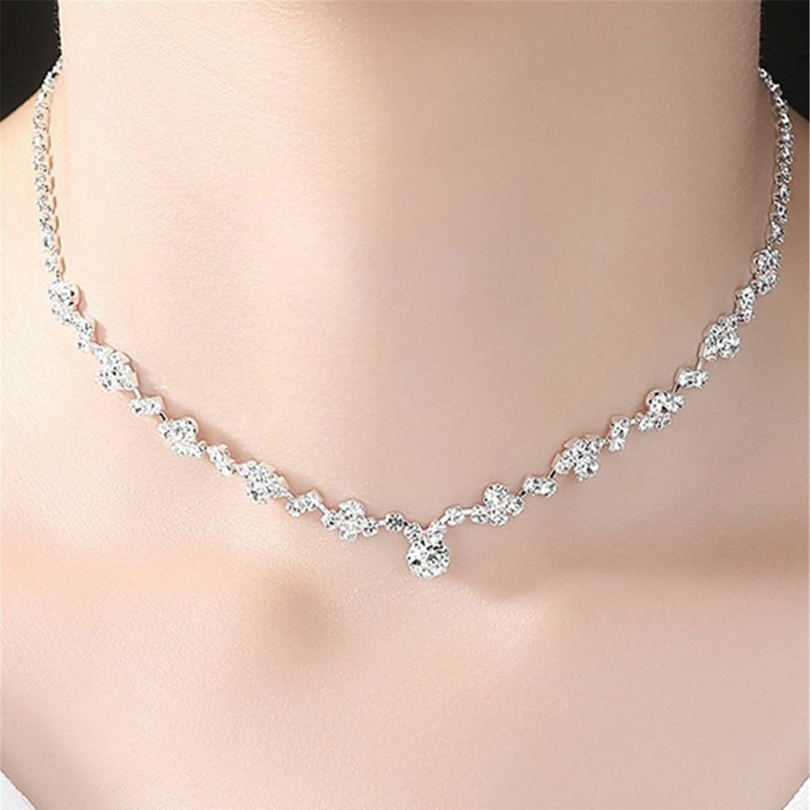 Hmooy Hmooy Silver Crystal Bridal Earrings And Necklace Set, Crystal Necklace Earrings Set Prom Jewelry Sets Crystal Necklace Wedding Jewelry Sets For Bridal Women Girls Jewelry Sets