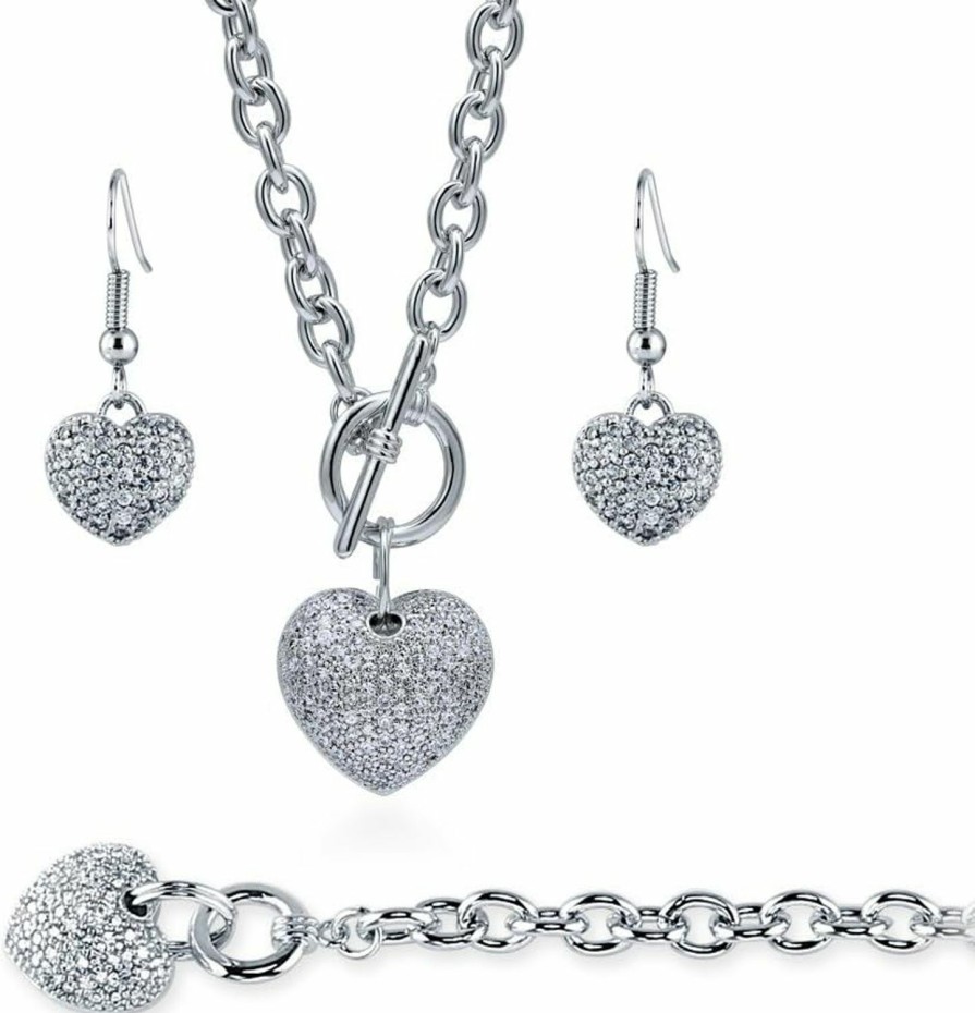 BERRICLE Berricle Heart Cubic Zirconia Cz Fashion Necklace Earrings And Bracelet Set For Women, Silver-Tone Jewelry Sets