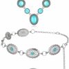 Kigeli Kigeli 4 Pieces Bohemian Turquoise Western Jewelry Set Turquoise Concho Chain Waist Belt Turquoise Necklace Drop Earrings Wide Bracelet For Women Vintage Retro Boho Jewelry Set Jewelry Sets