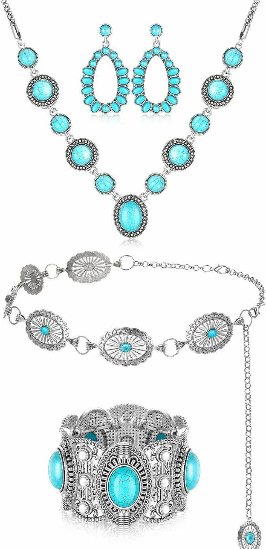 Kigeli Kigeli 4 Pieces Bohemian Turquoise Western Jewelry Set Turquoise Concho Chain Waist Belt Turquoise Necklace Drop Earrings Wide Bracelet For Women Vintage Retro Boho Jewelry Set Jewelry Sets