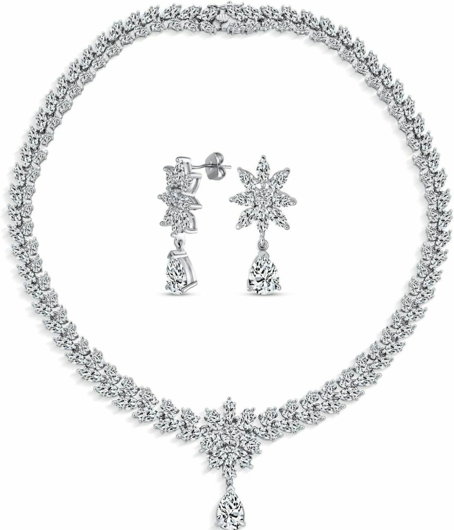 Bling Jewelry Bridal Jewelry Set Art Deco Vintage Estate Style Cubic Zirconia Marquise Leaf Teardrop Aaa Cz Statement Cleavage Choker Necklace & Chandelier Dangle Clip On Or Pierced Earrings For Women Pageant Jewelry Sets