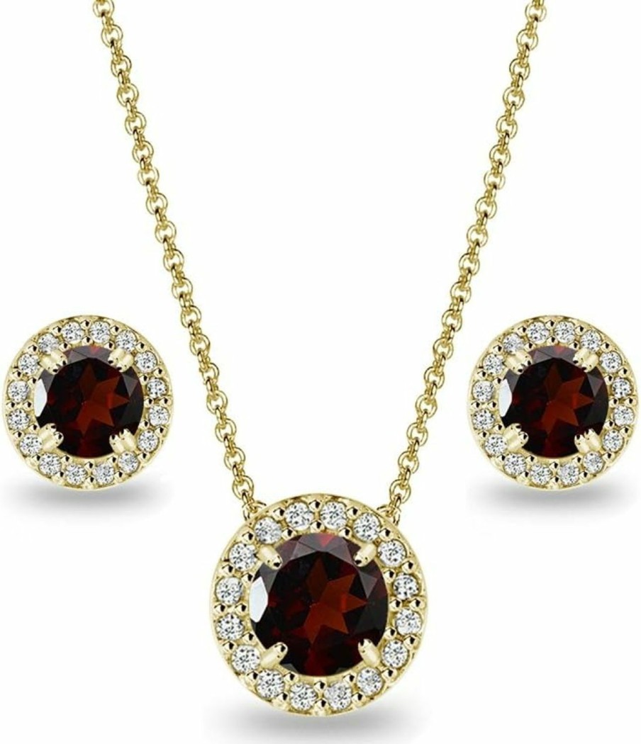 B. BRILLIANT B. Brilliant Gold Flashed Sterling Silver Genuine, Created Or Simulated Gemstone Round Halo Necklace & Earrings Jewelry Set For Women Girls Bridesmaids Jewelry Sets