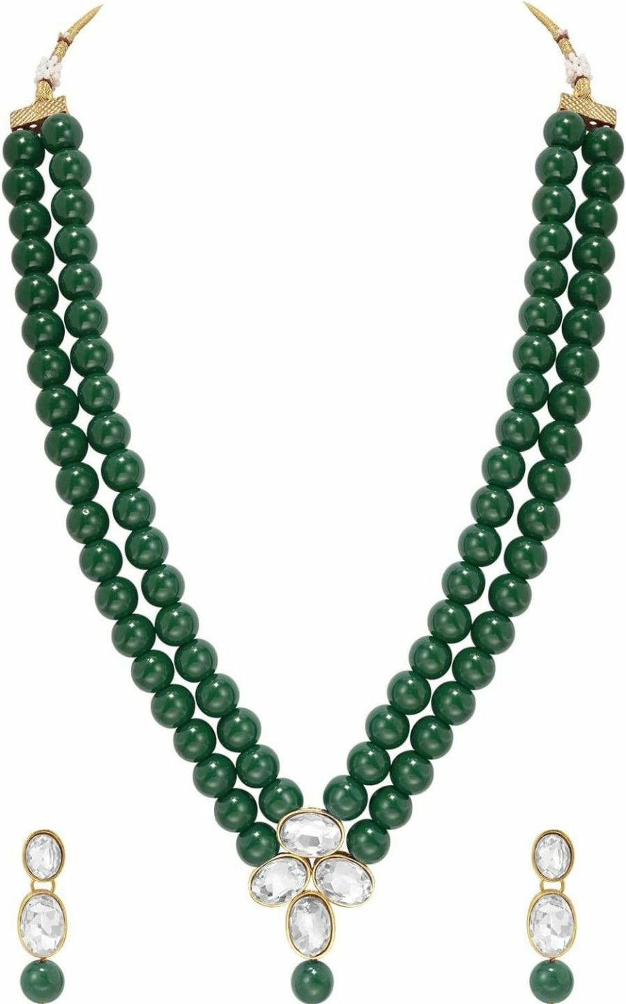 Aheli Aheli Faux Kundan Pearl Long Multi Layered Necklace Earrings Set Indian Traditional Wedding Jewelry For Women Girls (Green) Jewelry Sets