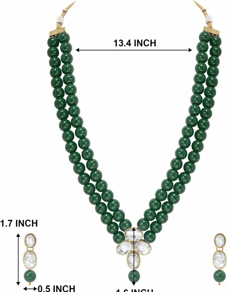 Aheli Aheli Faux Kundan Pearl Long Multi Layered Necklace Earrings Set Indian Traditional Wedding Jewelry For Women Girls (Green) Jewelry Sets