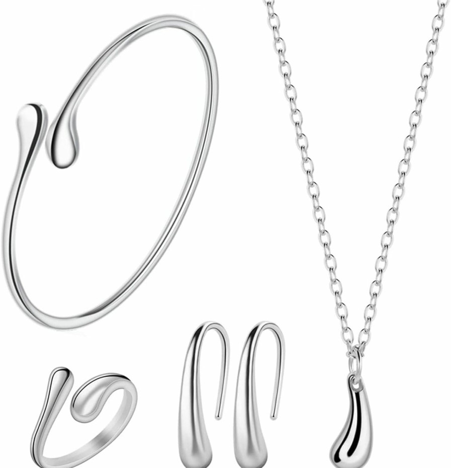 BCCloud 4Pcs 925 Sterling Silver Jewelry Set For Women Teardrop Pendant Necklace Earrings Bracelet Ring Fit With Party Meeting Dating Wedding Daily Birthday Gift Jewelry Sets