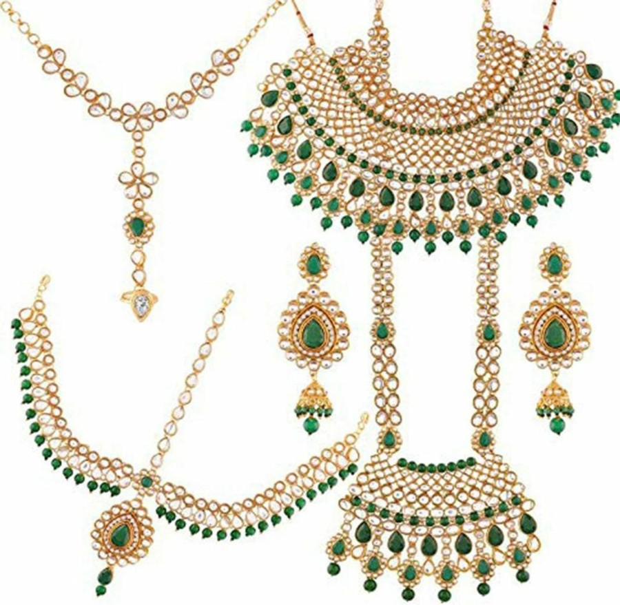 Aheli Aheli Indian Bridal Jewelry Set Faux Kundan Long Choker Necklace Dangle Earrings Mathapatti Headpiece Haath Phool With Nose Ring Green Jewelry Sets