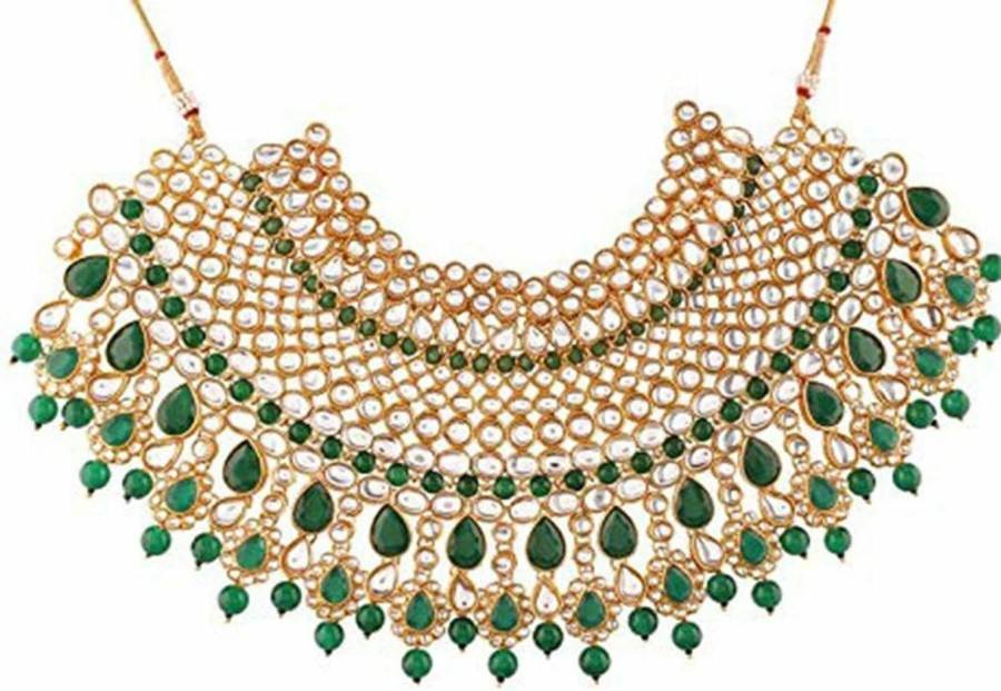 Aheli Aheli Indian Bridal Jewelry Set Faux Kundan Long Choker Necklace Dangle Earrings Mathapatti Headpiece Haath Phool With Nose Ring Green Jewelry Sets