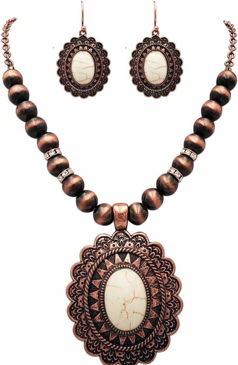 Rosemarie & Jubalee Rosemarie & Jubalee Womens Cowgirl Chic Western Style Statement Concho Howlite Stone Pendant Necklace Earrings Set, 18\"+3\" Extender Jewelry Sets